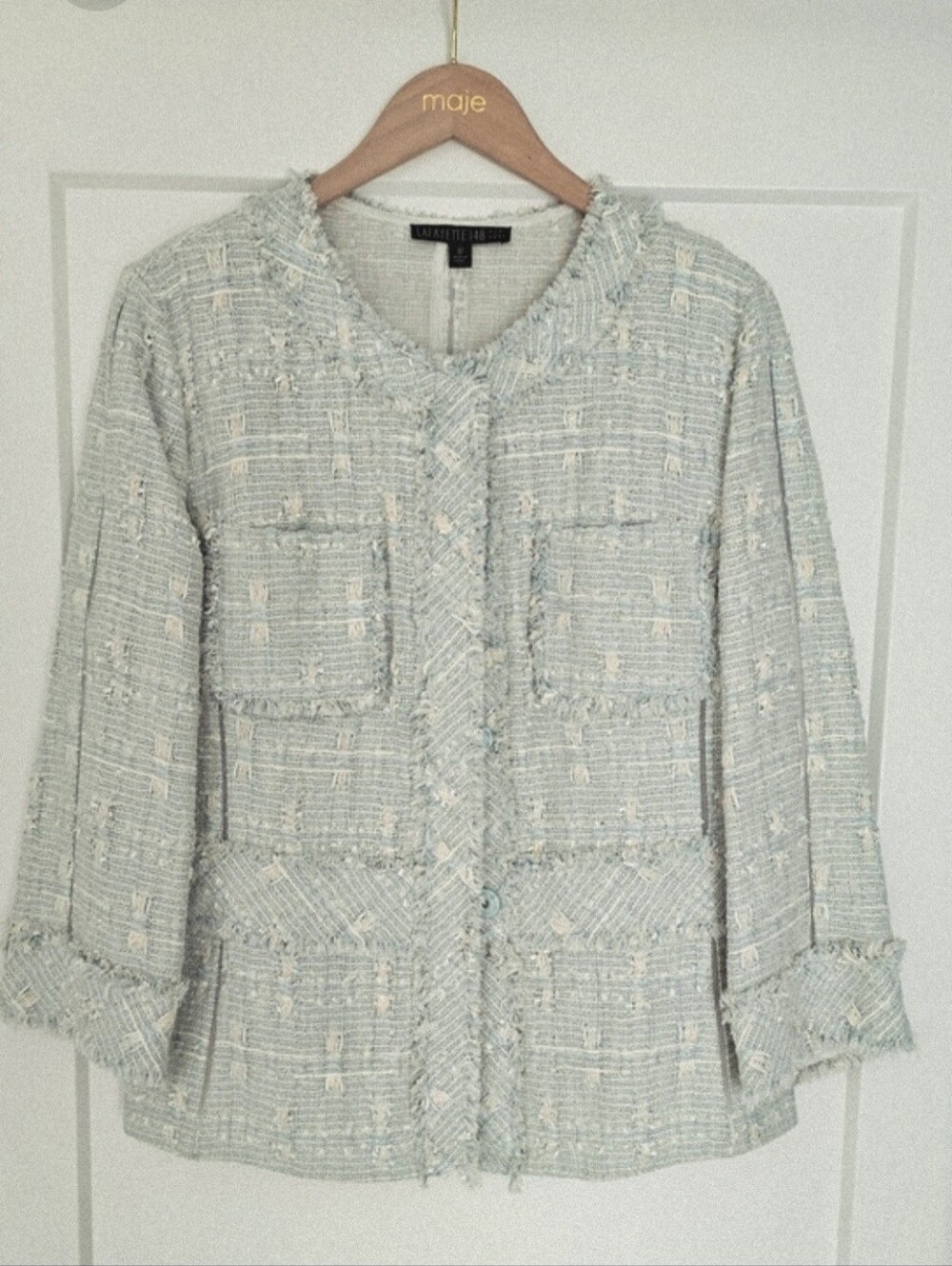 Lafayette 148 New York Pale Blue Tweed Fringe Jacket
